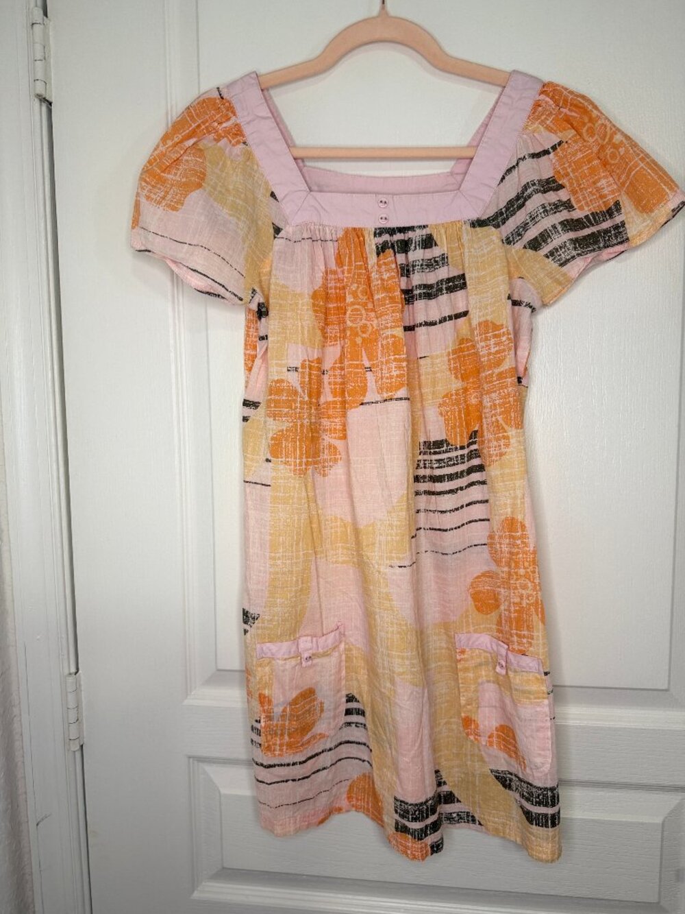 ROXY Pink & Orange Floral Square Neck Mini Dress Pockets -M- MSRP $55